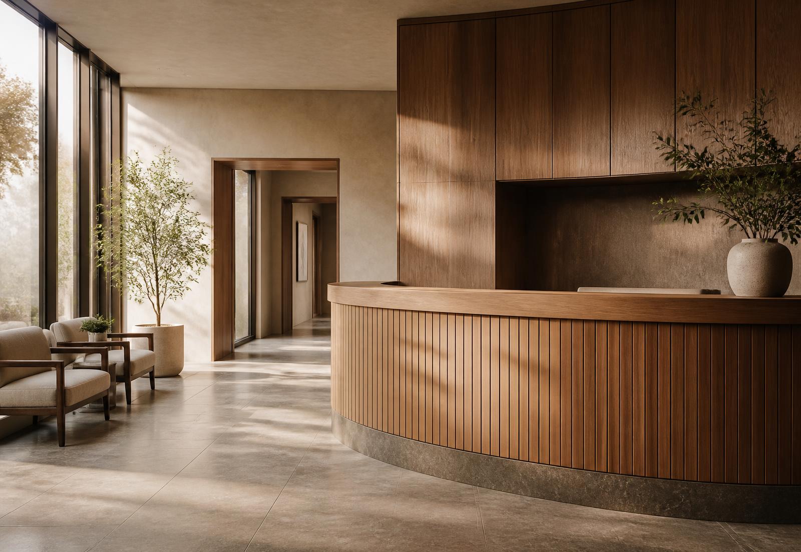 Quiet reception area of an independent medical practice at dawn